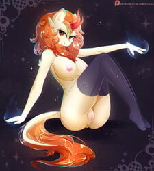 1girls 2018 anthro anthrofied anus areola ass autumn_blaze_(mlp) breasts brown_eyes clothing equine feet female female_only fire friendship_is_magic fur hair hi_res horn kirin koveliana legwear mammal my_little_pony nipples nude orange_hair portrait pussy sitting smile solo solo_focus sparkles stockings thighhighs