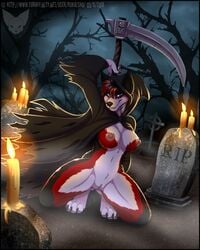 2018 4_toes anthro blue_eyes breasts candle canine clitoris detailed_background digitigrade female fur gravestone graveyard hair holding_object holding_weapon kim_greenwitch kneeling looking_at_viewer mammal mark_haynes melee_weapon navel night nipples outside polearm pussy red_fur red_hair scythe smile solo toes weapon