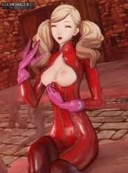 1girls ann_takamaki blonde_hair bodysuit boots breasts closed_eyes clothing crossed_legs female female_only gloves kikanshalewds latex latex_bodysuit long_hair medium_breasts nipples open_mouth persona persona_5 pink_gloves red_bodysuit sitting solo takamaki_anne thigh_boots thighhighs tied_hair twintails zipper