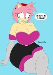 1female 1girl amy_rose big_boobs big_breasts big_tits bodysuit busty curvy female_furry furry_female hedgehog hedgehog_girl neckline rouge_the_bat_(cosplay) shy_girl spandex_suit storydelight thick_legs thick_thighs