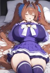 ai_generated animal_ears breasts daiwa_scarlet_(umamusume) female hips horse_girl pussy red_eyes ribbon_in_hair school_uniform sleeping thighs tiara twintails umamusume umamusume_pretty_derby