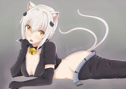 animal_ears arm_rest arm_under_breasts arm_up ass bell_collar belt belt_buckle black_pants black_topwear blush cat_ears cat_hair_ornament cat_tail cat_tails cleavage collar eyebrows_visible_through_hair eyes_visible_through_hair hair_ornament hand_under_chin hellcat_(high_school_dxd) high_school_dxd high_school_dxd_hero koneko_toujou long_sleeve_gloves long_sleeves maskless navel nekomata nekomimi nipples_visible_through_clothing open_mouth pants_pull petite petite_body pink_nipples short_hair small_breasts smooth_skin teeth white_hair yellow_eyes