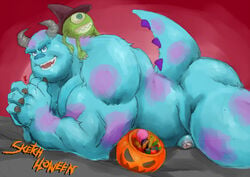 2boys anthro bara blue_eyes blue_fur body_fur candy claws disney flaccid_penis food foreskin fruit green_eyes green_skin halloween holidays horns humanoid_penis intact jack-o'-lantern long_foreskin looking_at_viewer male male_only mike_wazowski monster monsters_inc muscular muscular_male nude_male penis pixar pumpkin shaggy_fur sulley tail uncut unretracted_foreskin witch_hat yaoi zombiehk