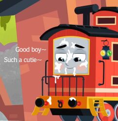 accurate_art_style banned_artist blush bruno_the_brake_car cum cum_dripping_down_chin cum_dripping_from_mouth cum_in_mouth cum_on_face cute dialogue edit face_focus faceless_male heart_eyes praise smiling tagme text thomas_and_friends thomas_and_friends_all_engines_go train unseen_character young