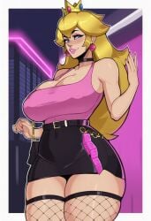 big_breasts blonde_hair blue_eyes condom earrings fishnets hereticus hooker huge_breasts lipstick miniskirt night pink_lips pink_lipstick pink_nails princess_peach prostitute prostitution skirt slutty_female street super_mario_bros. super_smash_bros. tank_top wide_hips wide_thighs