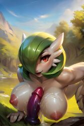 ai_generated big_breasts boobs_out breasts cum dildo female female_only furry furry_female gardevoir green_hair outdoors outside pokemon pokemon_(species)