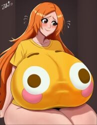 1female 1girls artist_name artist_signature asian asian_female bleach blush brown_eyes brown_eyes_female clothed clothed_female clothes clothing female female_only hyper_breasts inoue_orihime japanese japanese_female light-skinned_female light_skin long_hair long_hair_female orange_hair orange_hair_female shirt smile smiling sole_female t-shirt watermark weekly_shonen_jump yellow_shirt yellow_t-shirt za_barro