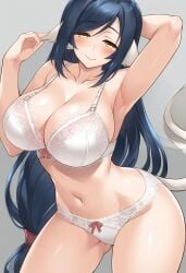 animal_ears arched_back blush bra breasts collarbone dark_blue_hair gastkeser82 half-closed_eyes kuon_(utawarerumono) large_breasts leaning long_hair looking_at_viewer navel panties smile stomach tail thick_thighs tied_hair upscaled utawarerumono voluptuous white_bra white_panties wide_hips yellow_eyes