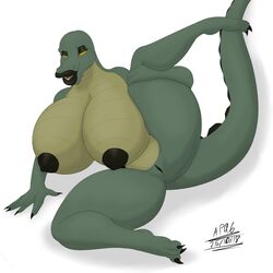 alligator angrypotato96 anthro big_breasts breasts crocodilian female huge_breasts hyper hyper_breasts inviting lipstick looking_at_viewer makeup nipples olivia_may pussy reptile scalie smile solo spread_legs spreading thick_lips thick_thighs voluptuous