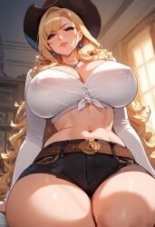 1girls ai_generated big_ass big_breasts big_thighs blonde_hair bottom_view cowboy_hat cutout female female_only human kitagawa_marin long_hair looking_at_viewer nipples nipples_visible_through_clothing red_eyes solo sono_bisque_doll_wa_koi_wo_suru soujii thiccwithaq_(ai_style) thick_ass thick_hips thick_thighs wide_hips