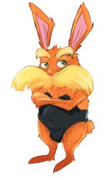 1boy absurd_res anthro buldge bunny bunny_costume bunny_ears bunny_tail bunnysuit crossed_arms cuffs_(clothing) digital_media_(artwork) dr_seuss femboy green_eyes hi_res illumination_entertainment lorax male male_only moustache orange_body orange_fur orange_skin solo tail the_lorax universal_pictures universal_studios unknown_artist unknown_species