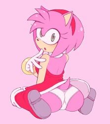 amy_rose anthro anthro_only hedgehog hedgehog_girl panties presenting_butt red_dress shy_girl sonic_(series) vilrot white_panties