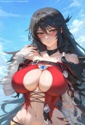 1girls ai_generated big_ass big_breasts big_butt big_nipples big_thighs black_hair blush female huge_ass huge_breasts huge_butt huge_nipples huge_thighs long_hair tales_of_(series) tales_of_berseria torn_clothes velvet_crowe wanuze wide_hips yellow_eyes