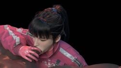 3d alice_(nikke) alice_(nikke)_(cosplay) black_hair black_male blender blowjob breasts brown_eyes crotch dark-skinned_male dark_background eve_(stellar_blade) fellatio goddess_of_victory:_nikke interracial large_penis long_hair open_mouth ponytail shiny_skin slayed.coom stellar_blade very_dark_skin