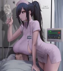 1boy 1girls ? bed bedroom big_breasts black_hair breasts english_text hi_res highres hospital hospital_bed hospital_room ikemeru19 long_hair male nurse nurse_clothing nurse_hat nurse_outfit original original_character uncensored