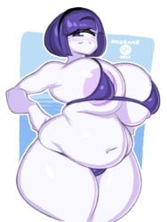 1girls areola areola_slip areolae bbw bikini breasts_bigger_than_head commission commissioner_upload curvy cyclops female_only hands_on_hips huge_breasts micro_bikini navel octette_(octotron2000) onaeane one_eye original_character plump purple_body purple_eye purple_hair shiny_skin short_hair smug solo solo_female someone_else's_oc thick_thighs thong wide_hips