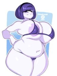 1_eye 1girls areola areola_slip areolae bbw bikini breasts_bigger_than_head commission commissioner_upload curvy cyclops female_only hands_on_hips huge_breasts micro_bikini navel octette_(octotron2000) onaeane original_character plump purple_body purple_eye purple_hair shiny_skin short_hair smug solo solo_female someone_else's_oc thick_thighs thong wide_hips