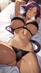 ai_generated bleach bleach:_the_thousand-year_blood_war blush blush bra breasts covered_pussy dark-skinned_female dark_skin female large_breasts lying lying_on_back lying_on_bed purple_hair qwekk shihouin_yoruichi shihouin_yoruichi stable_diffusion tail yellow_eyes