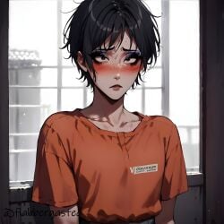 1male ai_generated blush crossdressing eyeshadow femboy feminization freckles_on_face makeup prison prison_bitch prison_uniform prisoner self_upload short_hair sissification