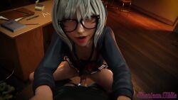 1boy 1girls 3d animal_humanoid animated athletic_female catgirl cowgirl_position glasses human human_penetrating interracial light-skinned_male moaning partially_clothed pov school_uniform sex sharlean_tails skirt sound tagme vaginal_penetration video y'shtola