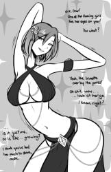 big_ass big_breasts black_and_white crysten_kimura_(pantsudesu) elastic elastic_arms elastic_body elasticity flower_in_hair navel pantsudesu sketch smile smiling smiling_at_viewer speech_bubble stretchy stretchy_arms stretchy_body stretchy_neck stretchy_torso superheroine superpowers text