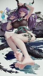 1girls arknights armpits barefoot big_breasts binggong_asylum breasts cuffs earrings eyelashes feet female female_only foot_fetish foot_focus hand_above_head highres horns kemonomimi legs light-skinned_female long_hair magenta_eyes nail_polish one-piece_swimsuit parted_lips purple_hair purple_nails sitting soles solo swimsuit tagme thigh_strap thighs twintails typhon_(arknights) wet_clothes wet_hair wet_skin white_background