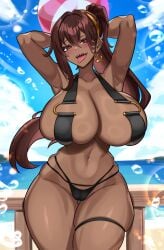 1girls absurd_res beach_ball big_breasts bikini blush breasts brown_hair brown_skin cleavage dark-skinned_female dark_skin earrings female female_only hands_behind_head hip_squish large_breasts legband long_hair looking_at_viewer naughty_face nez-box open_mouth original original_character ponytail red_eyes seaside smiling smiling_at_viewer solo thick_thighs thigh_squish tongue_out tsona_(nyantcha) wide_hips