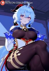 ai_generated blue_hair breasts_out crossed_legs cute ganyu_(genshin_impact) genshin_impact gloves hands_on_own_chest horns long_hair medium_breasts pantyhose primosan purple_eyes sitting