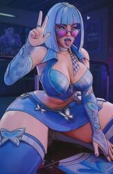 1girls blue_eyes blue_hair bob_cut choker glasses hi_res looking_over_eyewear looking_over_sunglasses marvel marvel_rivals miniskirt psylocke psylocke_(psychedelic_pulse) sfrinzy solo_female spread_legs sunglasses thighs tinted_eyewear white_hair