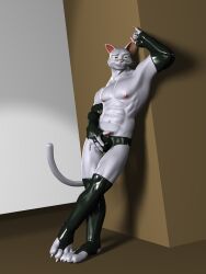 3d abs anthro anthro_cat biceps black_latex black_speedo bleakcat_(character) bulge cat_ears cat_tail cgi feline furry latex latex_armwear latex_gloves muscular muscular_furry muscular_male pecs smirking smirking_at_viewer wargx wargx_(artist) white_fur