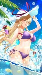 adapted_costume bikini blonde_hair blue_sky breasts closed_mouth commentary_request cup day female happy hat hat_ribbon highres holding holding_cup kirisita large_breasts long_hair looking_at_viewer mature_female milf navel ocean open_mouth outdoors palm_tree purple_bikini red_ribbon ribbon side-tie_bikini_bottom sideboob sky solo sun_hat swimsuit touhou tree very_long_hair wading white_hat white_wristband yakumo_yukari yellow_eyes yukari_yakumo