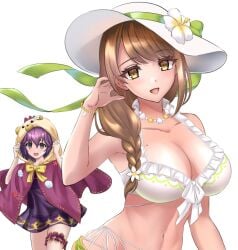 2girls :d alternate_costume animal_hood bare_shoulders bear_hood bernadetta_von_varley bikini bow braid braided_ponytail breasts brown_eyes brown_hair cleavage cloak female female_only fire_emblem fire_emblem:_three_houses fire_emblem_engage fire_emblem_heroes goldmary_(fire_emblem) hat hood hooded_cloak kakiko210 large_breasts long_hair looking_at_viewer mole mole_on_breast multiple_girls navel nintendo official_alternate_costume open_mouth purple_bikini purple_hair purple_swimsuit see-through side_ponytail smile stomach swimsuit thighs upper_body white_bikini white_hat white_swimsuit yellow_bow