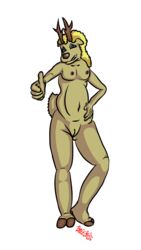 2018 anthro antlers baffle_blend blonde_hair blue_eyes breasts cervine embarrassed fake_smile female floppy_ears fur hair hooves horn looking_at_viewer mammal navel nervous nipples nude pussy reindeer slightly_chubby solo tan_fur thumbs_up utah_p._teasdale