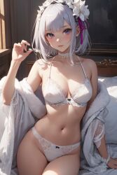 ai_generated blush emilia_(re:zero) female flower_in_hair lingerie re:zero_kara_hajimeru_isekai_seikatsu underwear white_underwear