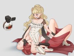 2girls alternate_costume anna_(fire_emblem) ball bangs bare_arms bare_legs bare_shoulders bellfonts blonde_hair breasts camera cape choker cleavage collarbone cunnilingus dress eitri_(fire_emblem) facesitting fangs female female_only filming fingering fingering_partner fire_emblem fire_emblem_heroes gloves hand_on_head high_heels kneeling legs long_hair multiple_girls nintendo on_back open_mouth pelvic_curtain ponytail red_eyes sex shoulders small_breasts smile tri_tails vaginal_penetration very_long_hair yellow_hair yuri