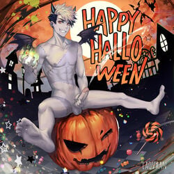 1boy abs barefoot black_and_white_hair candy cum demon demon_boy devil_horns devil_wings halloween ian_(laosmut) incubus laosmut laovaan looking_at_viewer male male_only masturbation muscles nipples penis penis_grab pumpkin red_eyes smile yaoi