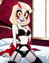 1girls ai_generated bedroom blonde_hair bra breasts charlie_morningstar_(hazbin_hotel) female garter_belt garter_straps hazbin_hotel humanoid lingerie looking_at_viewer panties red_eyes red_jacket smile solo_female thighhighs