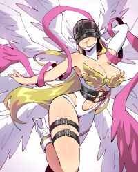 1girls angel angel_wings angewomon arm_behind_head blonde_hair digimon digimon_(species) female female_only helmet hi_res long_hair qewie smile solo tagme white_background wings