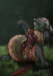 anatomically_correct anatomically_correct_genitalia anatomically_correct_penis baculum black_body black_fur blood bodily_fluids bone canid canine dangerous el_kyze feral feral_penetrated fox fur genitals gore gore_focus grass_field guts guts_out hi_res impalement improvised_sex_toy intestines_out lacerated_penis laceration male mammal orange_body orange_fur organs penetration penis scared scarf simple_background skin_ripping spyer_fox