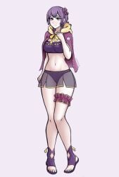 1girls alternate_costume artist_name bernadetta_von_varley bernadetta_von_varley_(summer) bikini bikini_skirt blush breasts bridal_garter embiebun embyarts female female_only fire_emblem fire_emblem:_three_houses fire_emblem_heroes full_body fully_clothed grey_eyes highres hood long_hair looking_at_viewer medium_breasts midriff navel nintendo official_alternate_costume purple_bikini purple_hair purple_swimsuit revealing_clothes sandals see-through see-through_skirt simple_background skirt smile solo swimsuit time_skip