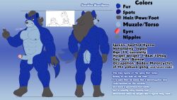 2024 absurd_res anthro ass balls black_hair blue_body blue_fur english_text erection fur genitals hair hi_res hyena kazuhisa kbh_kazuhisa kemoteto_yakuza_project long_hair male mammal model_sheet muscular muscular_male penis red_eyes solo solo_male spotted_hyena text