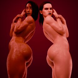 2girls abs actress ass big_ass big_breasts big_butt black_hair butt celebrity curvaceous curvy curvy_body curvy_female curvy_figure daisy_ridley dark-skinned_female dark_skin female hbc3d large_ass large_breasts looking_at_viewer medium_breasts middle_eastern naked naked_female nude nude_female pale_skin rey second_sister standing star_wars thick_thighs thighs trilla_suduri wet_body wide_hips