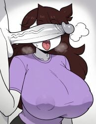 1boy 1boy1girl 1girl1boy 1girls ai_generated big_boobs big_breasts boobs breasts brown_hair goonedoutp3rv heavy_breathing huge_breasts jaiden jaiden_animations large_breasts long_hair nipples nipples_visible_through_clothing open_mouth penis_covering_eyes penis_on_face penis_over_eyes purple_shirt shirt steam steamy steamy_breath sweat sweatdrop tongue tongue_out upper_body white_background