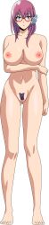 big_breasts completely_nude fleur_the_animation full_body glasses hair_ornament large_breasts lionprideart pink_hair pubic_hair purple_pubic_hair pussy red_glasses shinonome-san_(fleur_the_animation) transparent_background