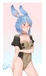 1girls absurdres animal_ear_fluff animal_ears arm_at_side artist_name ass_visible_through_thighs averting_eyes blue_hair blush border braid breasts brown_eyes choker cleavage closed_mouth collarbone commentary commission covered_navel cowboy_shot crown_braid embarrassed female female female_only fire_emblem fire_emblem:_three_houses garreg_mach_monastery_uniform gradient_background hand_up highres holding_own_arm leotard looking_to_the_side marianne_von_edmund medium_breasts nintendo nose_blush outside_border puffy_short_sleeves puffy_sleeves rabbit_ears rabbit_girl raised_eyebrows second-party_source short_hair short_sleeves shy sidelocks signature simple_background sleeved_leotard solo spindle_(aidenr0) standing thighs two-tone_background two-tone_leotard white_border yellow_choker yellow_leotard