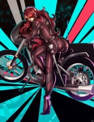 alternate_version_available ass commissioner_upload high_heels high_resolution looking_at_viewer looking_back mitsuru_kirijo motorcycle nico_artooo persona persona_3 pinup_pose red_eyes red_hair skintight_bodysuit thick_ass
