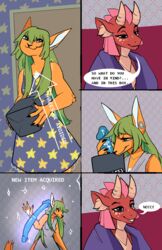 2019 :3 animated clothed clothing comic dildo dragon ear_piercing ear_ring elva elvche female green_hair hair hi_res igazella_(oc) mammal piercing red_body red_scales scales sex_toy