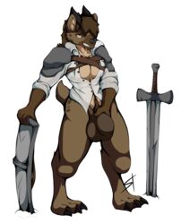 2018 alpha_channel anthro ar'kal_(viggs) armor bottomless bulge canine clothed clothing dungeons_and_dragons gnoll highres horn humanoid_penis male male_only mammal melee_weapon muscles nude penis pubic_hair shield shirt simple_background smile solo standing standing_tough sword transparent_background weapon