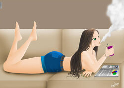 arm_covers_breast aspirify beltshorts brown_hair couch green_eyes green_toenails jean_shorts laying_on_couch lin-z long_hair open_mouth sideboob topless vaping