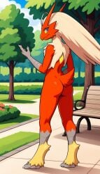 1girls 2024 ai_generated anthro ass ass_focus avian blaziken blue_eyes cute digitigrade female female_only flat_chest generation_3_pokemon hi_res looking_at_viewer looking_back nintendo nude nude_female outdoors park pokemon pokemon_(species) red_body unamused yellow_sclera yodayo